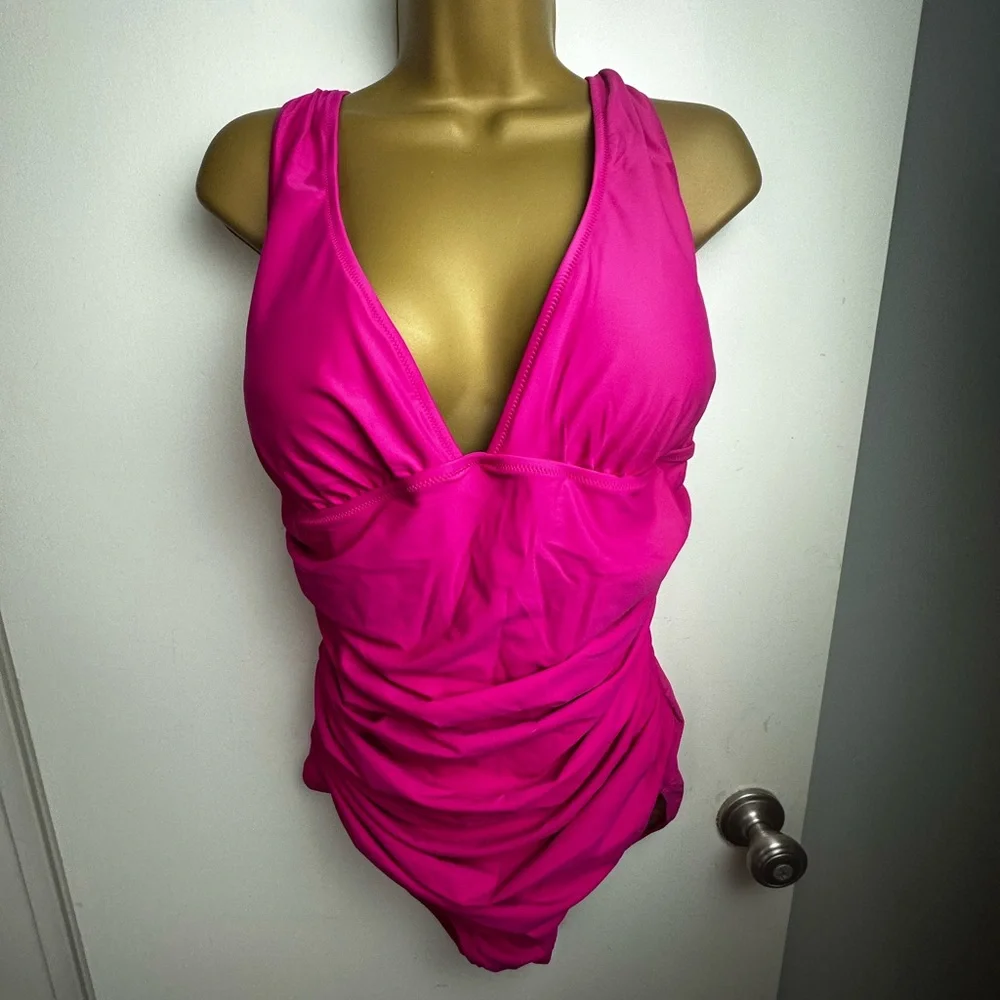 J.Crew Hot Pink Recycled Poly Ruched V-neck Flattering One-Piece Swimsuit NWT 22